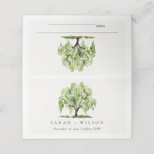 Rustikale Grüne Wasserfarbe Willow Tree Farm Hochz Platzkarte (Außenseite Aufgefaltet)