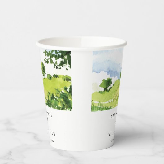 Rustikale Grüne Wasserfarbenwelt Hügel Hochzeiten Pappbecher (Links)