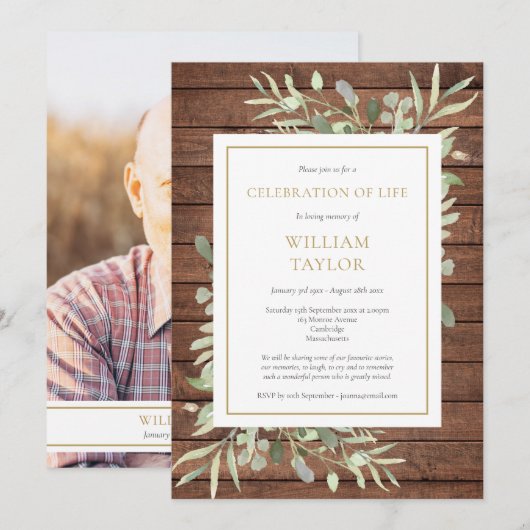 Rustikale Grünen Feier zum Foto des Lebens Beerdig Einladung (Vorne/Hinten)