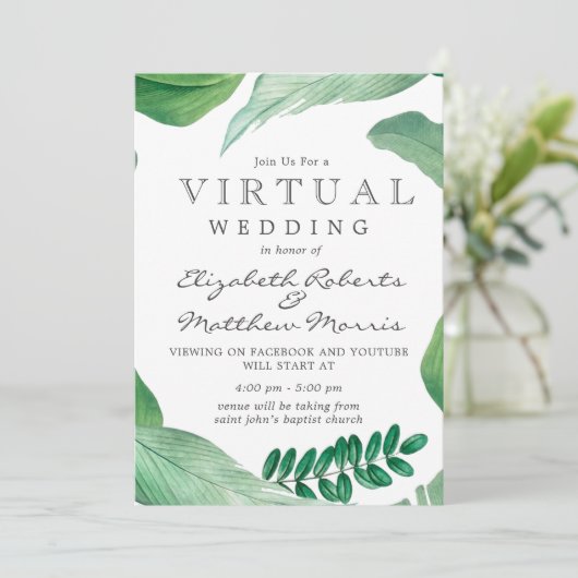 Rustikale Grünflächen Wasserfarben Blätter Virtual Einladung (Stehend Vorderseite)