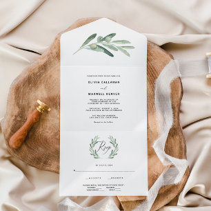 Rustikale Grünoliv-Hochzeit All In One Einladung
