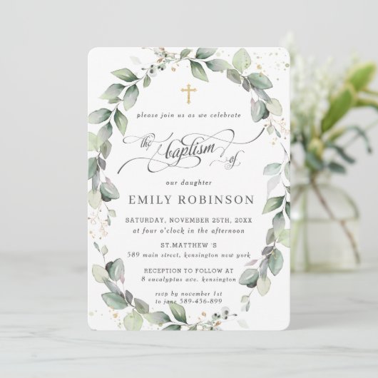 Rustikale Grünpflanzen Blätter Blätter Wreath Gold Einladung (Stehend Vorderseite)