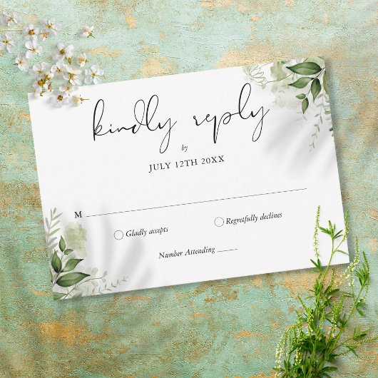 Rustikale Grünpflanzen Blätter Elegante Hochzeit RSVP Karte