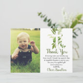Rustikale Grünpflanzen Cross Boy Taufe Foto Dankeskarte (Stehend Vorderseite)