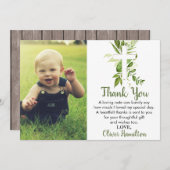 Rustikale Grünpflanzen Cross Boy Taufe Foto Dankeskarte (Vorne/Hinten)