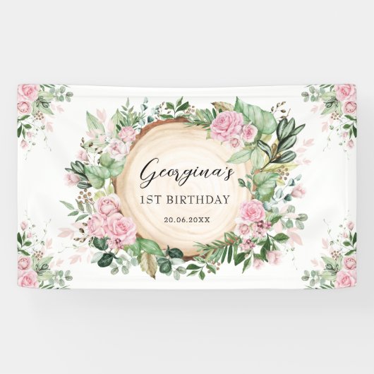 Rustikale Grünpflanzen Dusty Pink Floral Girls Geb Banner (Horizontal)