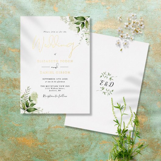 Rustikale Grünpflanzen Elegant Monogram Wedding Go Folieneinladung