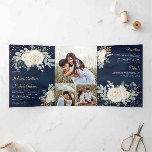 Rustikale Grünpflanzen Gold Ivory Floral Navy Hoch Dreifach Gefaltete Einladung (Innenseite)