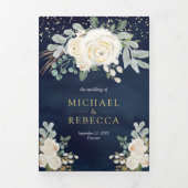 Rustikale Grünpflanzen Gold Ivory Floral Navy Hoch Dreifach Gefaltete Einladung (Cover)