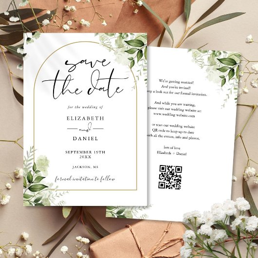Rustikale Grünpflanzen Goldener Torbogen QR-Code H Save The Date