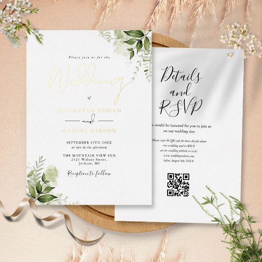 Rustikale Grünpflanzen QR Code Elegant Wedding Gol Folieneinladung