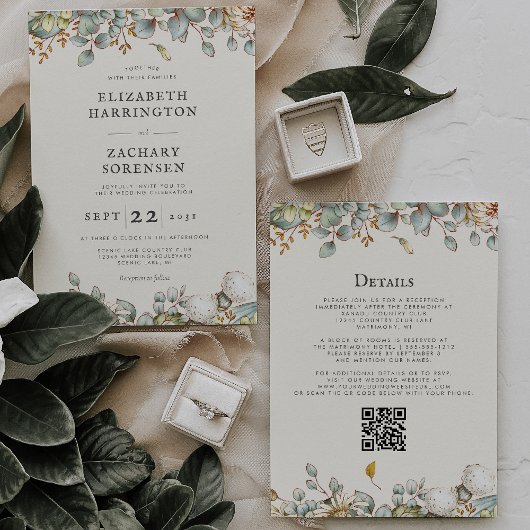 Rustikale Grünpflanzen QR-Code-Hochzeit Einladung