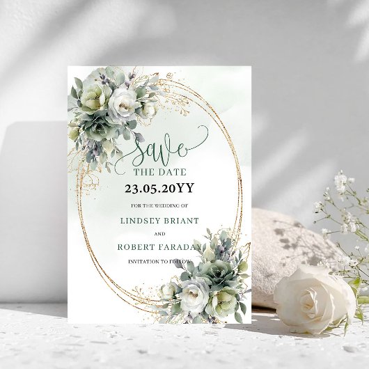 Rustikale Grünpflanzen und Gold Save The Date Kart