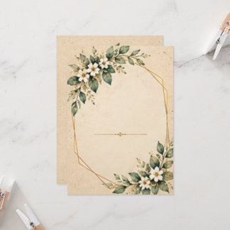 Rustikale Grünpflanzen und weiße Blüten mit golden Einladung