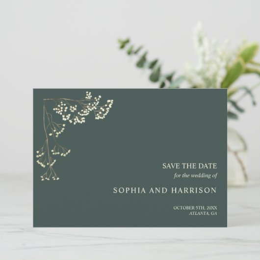 Rustikale Gypsophila Grüne Hochzeit rettet das Dat Save The Date (Stehend Vorderseite)