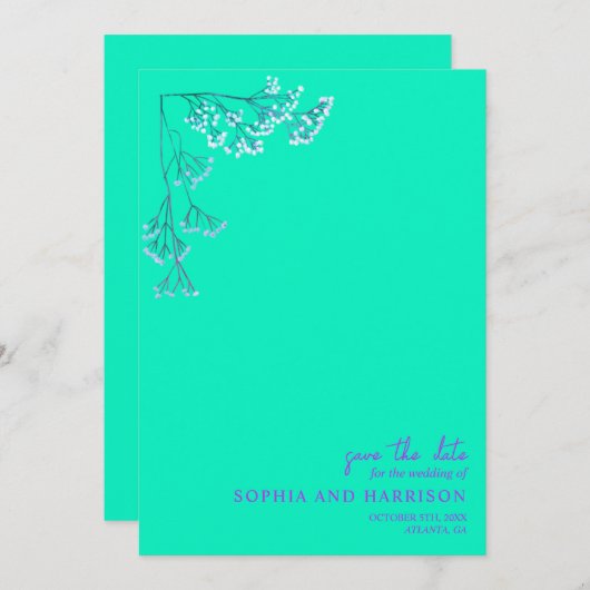 Rustikale Gypsophila Neon Blue Wedding Save The Date (Vorne/Hinten)