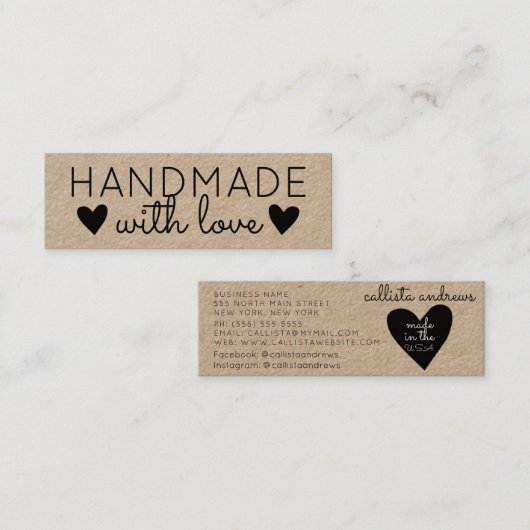 Rustikale Handarbeit mit Liebe Black Hearts Kraft Mini Visitenkarte (Vorne/Hinten)