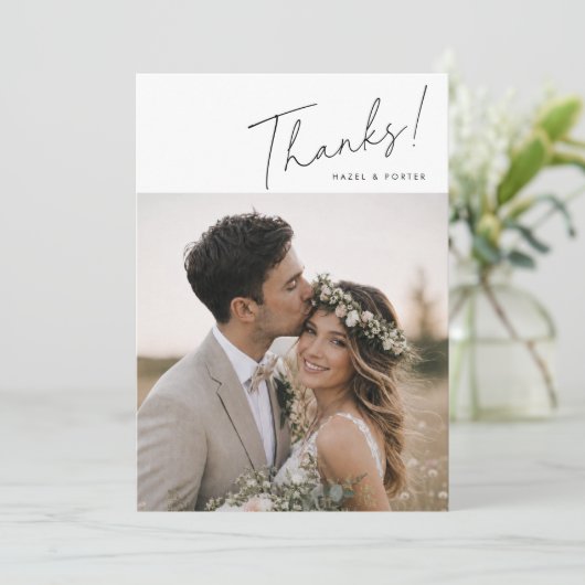 Rustikale Handschrift-Foto-Hochzeit Dankeskarte (Stehend Vorderseite)