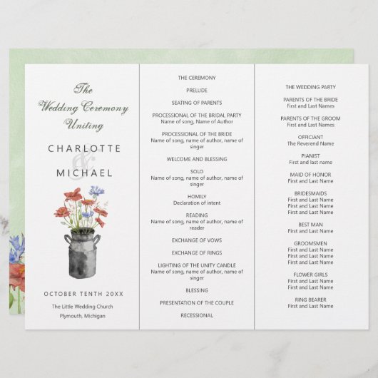 Rustikale handverlesene Blume Tri-Fold Hochzeitspr (Vorne/Hinten)