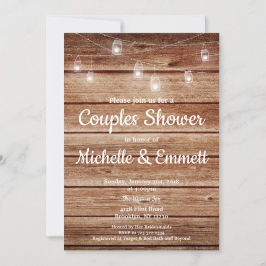 Rustikale hängende Licht-Land-hölzerne Paar-Dusche Einladung (Vorderseite)