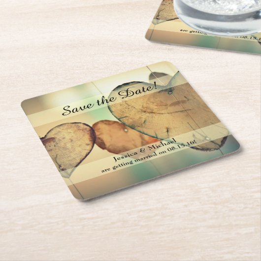 Rustikale Hanging Wood Hearts Save the Date Rechteckiger Pappuntersetzer (angewinkelt)