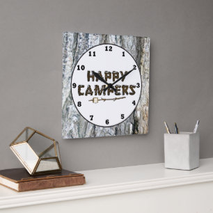 Rustikale Happy-Campers-Wanduhr Quadratische Wanduhr