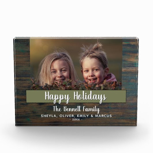 Rustikale Happy Holiday Script Custom Family Fotoblock (Vorderseite)