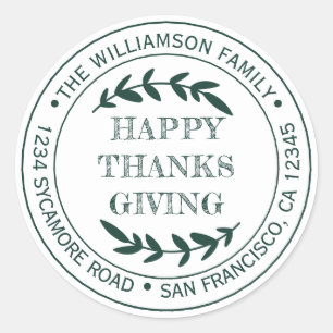 Rustikale Happy Thanksgiving Rücksendeadresse Grün Runder Aufkleber