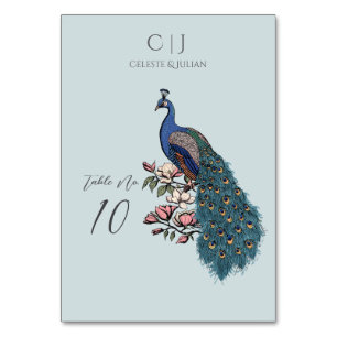 Rustikale hellblaue Pfau-Hochzeitstisch-Nummer Tischnummer