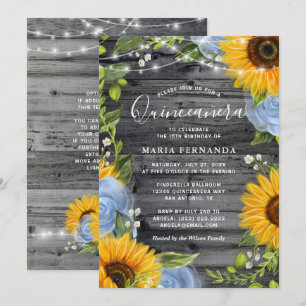 Rustikale hellblaue Rosen Sonnenblumen Quinceanera Einladung