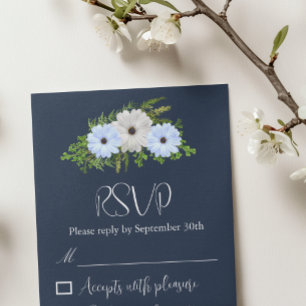 Rustikale hellblaue und weiße florale Quinceañera RSVP Karte