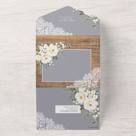 Rustikale hellgraue, weiße, blumenreiche Hochzeit All In One Einladung (Außenbereich)