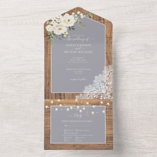 Rustikale hellgraue, weiße, blumenreiche Hochzeit All In One Einladung (Innen Boden)