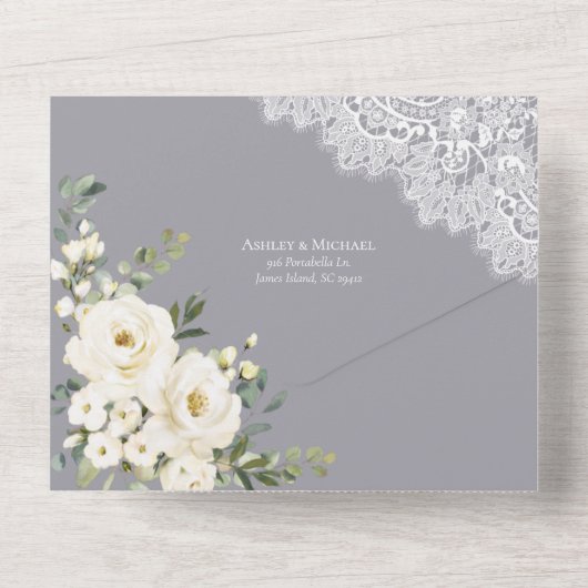 Rustikale hellgraue, weiße, blumenreiche Hochzeit All In One Einladung (Rückseite)