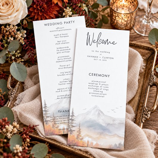 Rustikale Herbst-Bergszene Wasserfarben-Hochzeit Programm