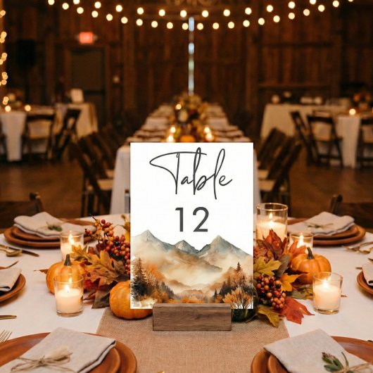 Rustikale Herbst-Bergszene Wasserfarben-Hochzeit Tischnummer