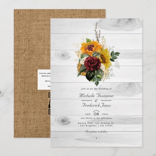 Rustikale Herbst-Blumen-Land-Hochzeit mit QR-Code Einladung (Vorne/Hinten)