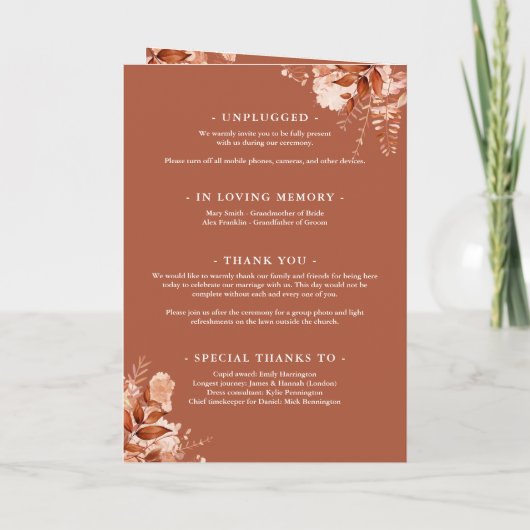 Rustikale Herbst-Blumen-Script-Hochzeit Programm (Rückseite)