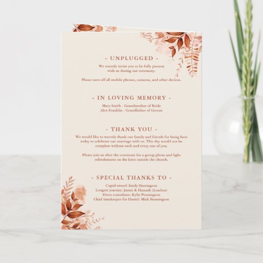 Rustikale Herbst-Blumen-Script-Hochzeit Programm (Rückseite)