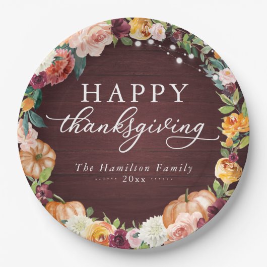Rustikale Herbst-Blumen-Thanksgiving-Essen-Papier- Pappteller (Vorderseite)