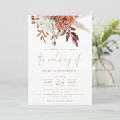 Rustikale Herbst-Florals Gold Text QR Hochzeit Einladung (Stehend Vorderseite)