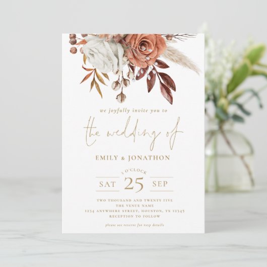 Rustikale Herbst-Florals Gold Text QR Hochzeit Einladung (Stehend Vorderseite)