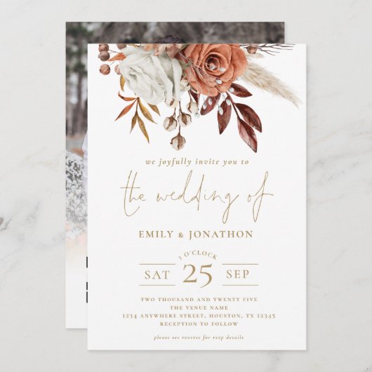 Rustikale Herbst-Florals Gold Text QR Hochzeit Einladung (Vorne/Hinten)