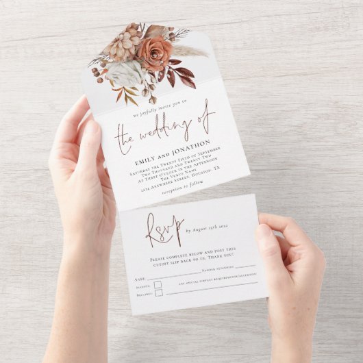 Rustikale Herbst-Florals-Script-Hochzeit All In One Einladung (Abreißen)
