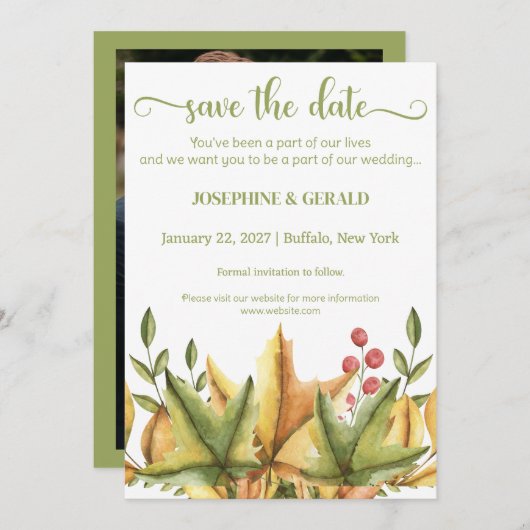 Rustikale Herbst-Herbst-Hochzeit speichern das Dat Einladung (Vorne/Hinten)