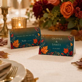Rustikale Herbst- Herbst-Teal- und Orangenblätter Platzkarte