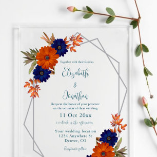 Rustikale Herbst-Hochzeit in Orange und Marineblau Acryleinladungen