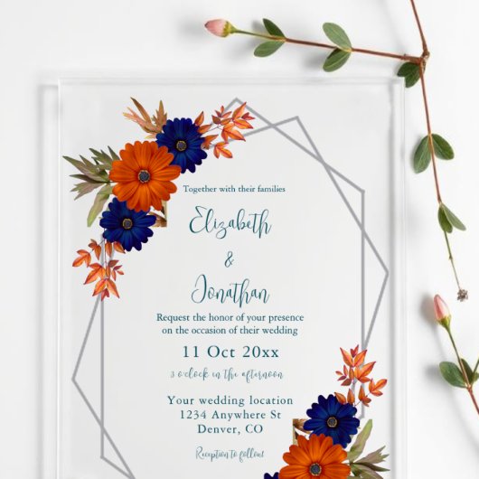 Rustikale Herbst-Hochzeit in Orange und Marineblau Acryleinladungen