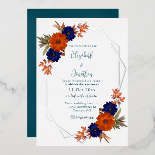 Rustikale Herbst-Hochzeit in Orange und Marineblau Folieneinladung
