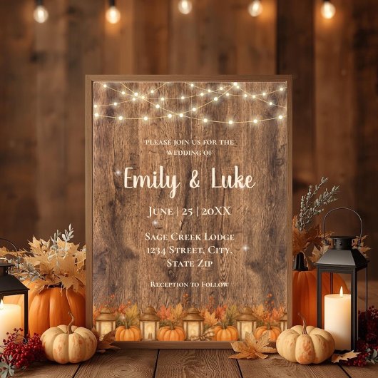Rustikale Herbst-Hochzeitseinladung mit Lichterket Einladung